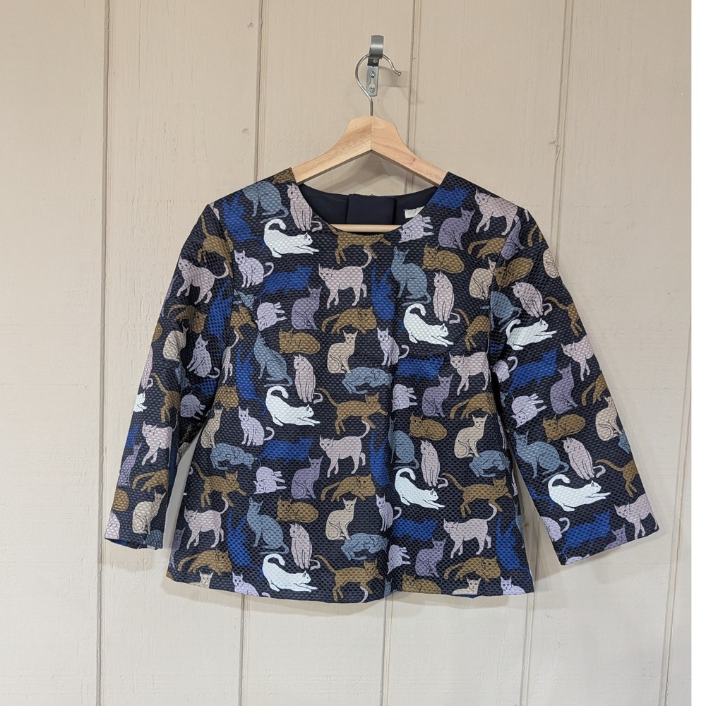 H&M Cat Print Pique Top Retro Novelty Tweed